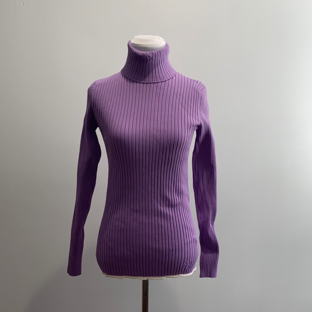 Louis Vuitton Purple Turtleneck Sweater Large LV logo white trim Ribbed L long